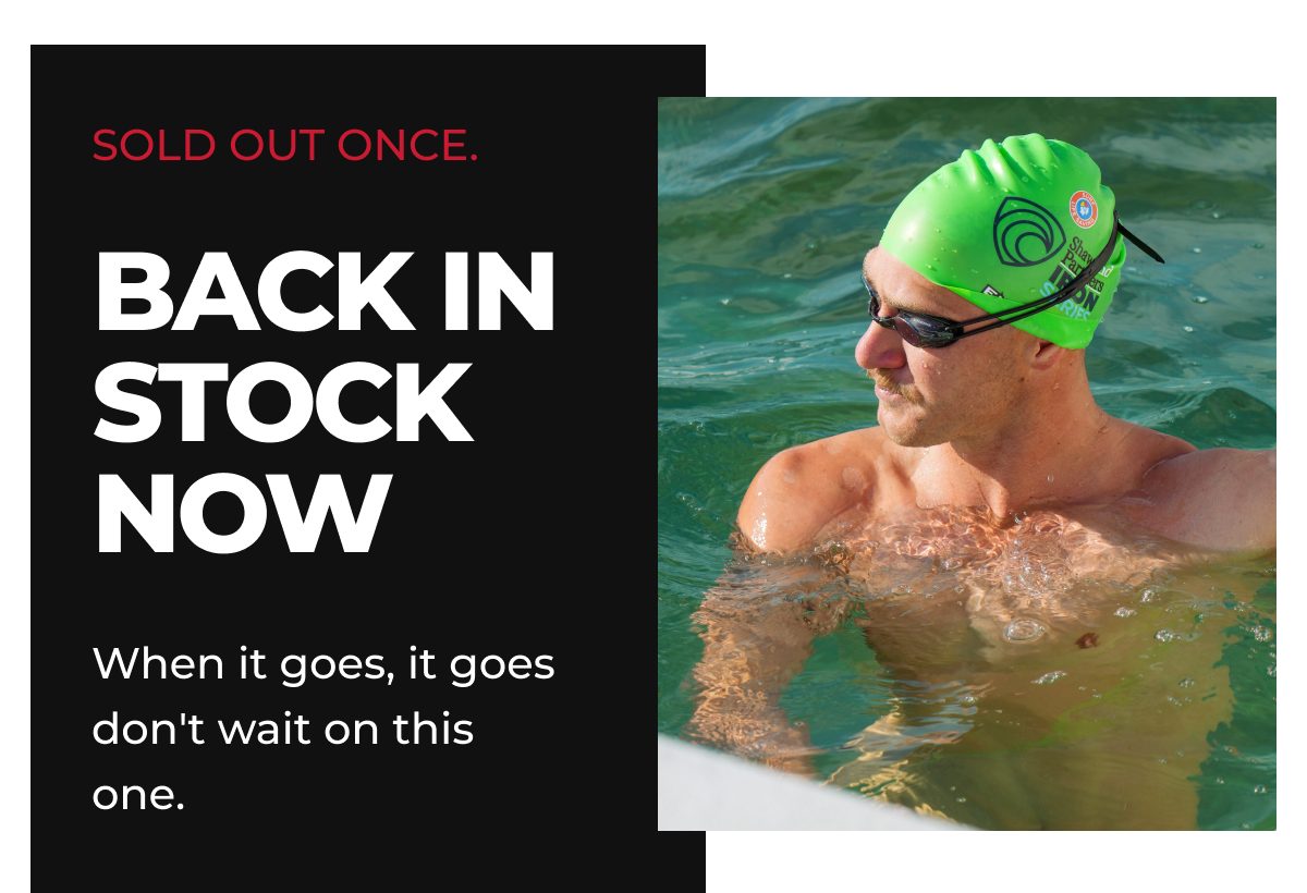 A swimmer in a green cap in water, with text about stock availability.