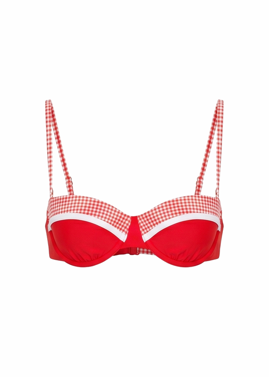 woman in red and white gingham and red color block bikini 
