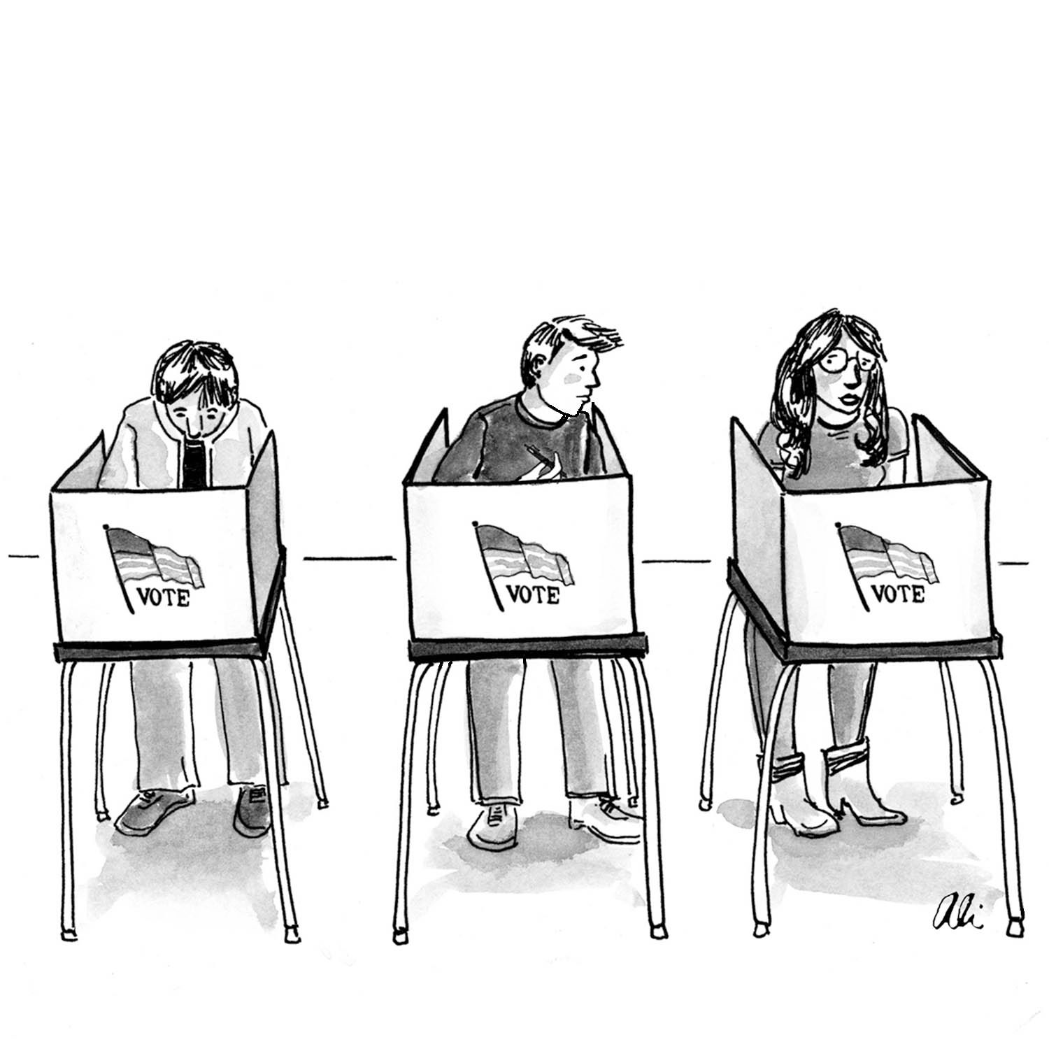 Three people stand at separate voting booths. The voter in the middle looks to the side.
