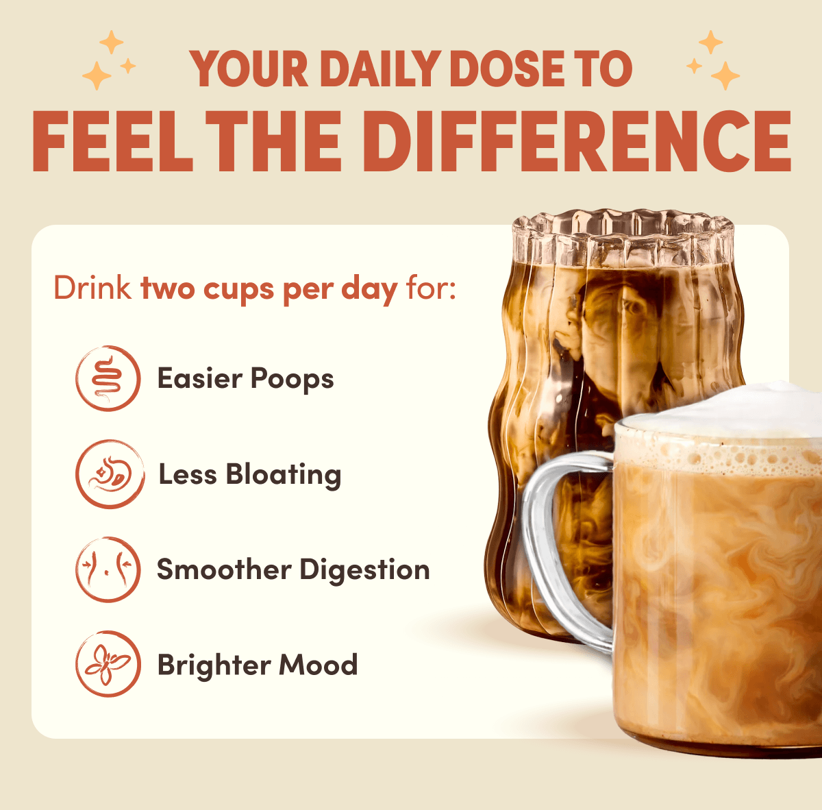YOUR DAILY DOSE TO FEEL THE DIFFERENCE | Drink two cups per day for: Easier Poops, Less Bloating, Smoother Digestion, Brighter Mood