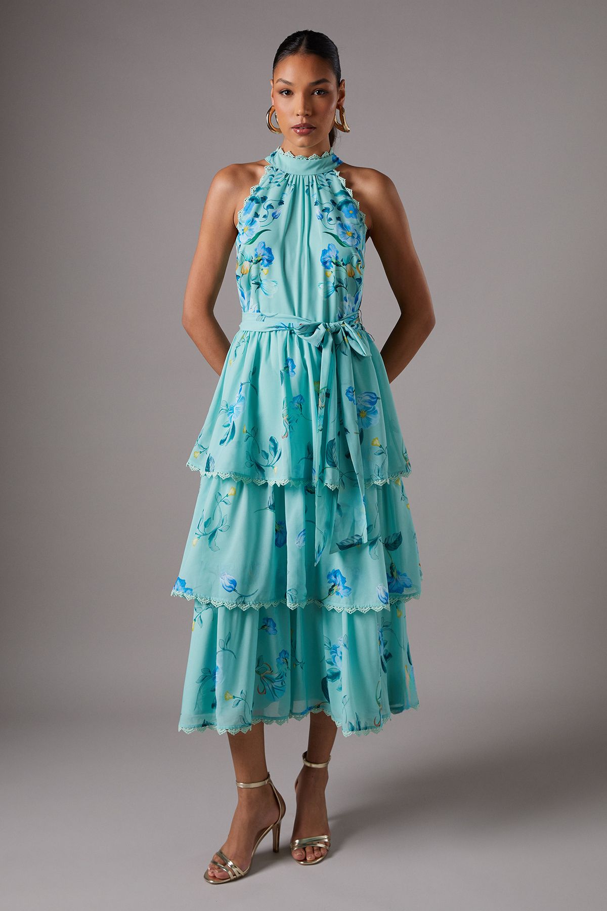 Sleeveless Halter Chiffon Midi Tiered Dress