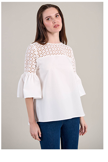 White Cotton Poplin Babydoll Shirt With Geometric Eyelet Design