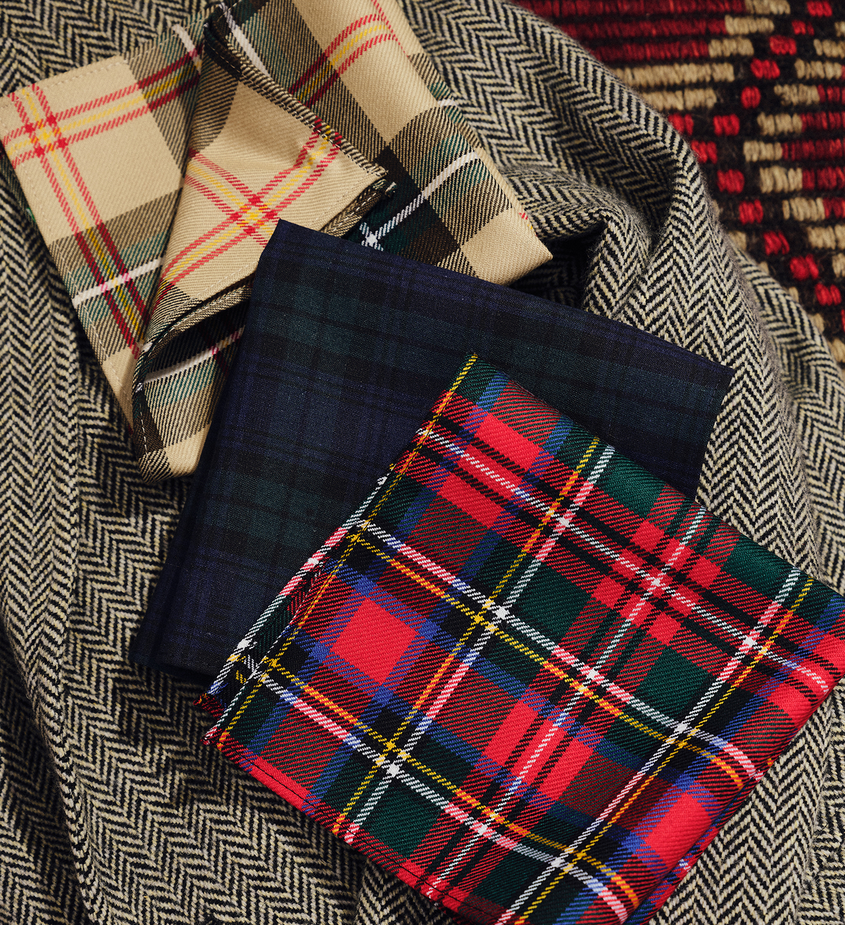 Tartan Pocket Squares Add a seasonal touch with rich plaids that pair perfectly with wool suits and textured ties.