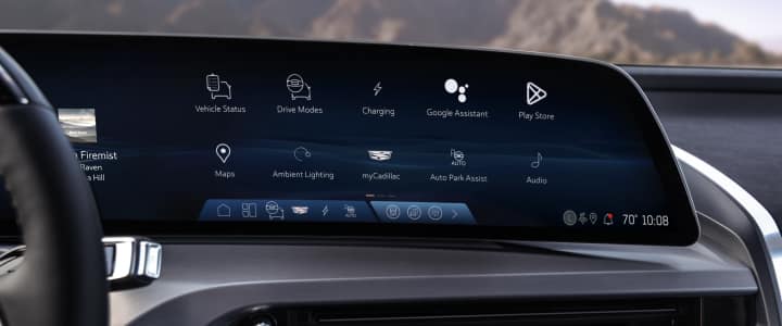 Close-up shot of the 2025 Cadillac VISTIQ’s infotainment screen featuring the dashboard design.