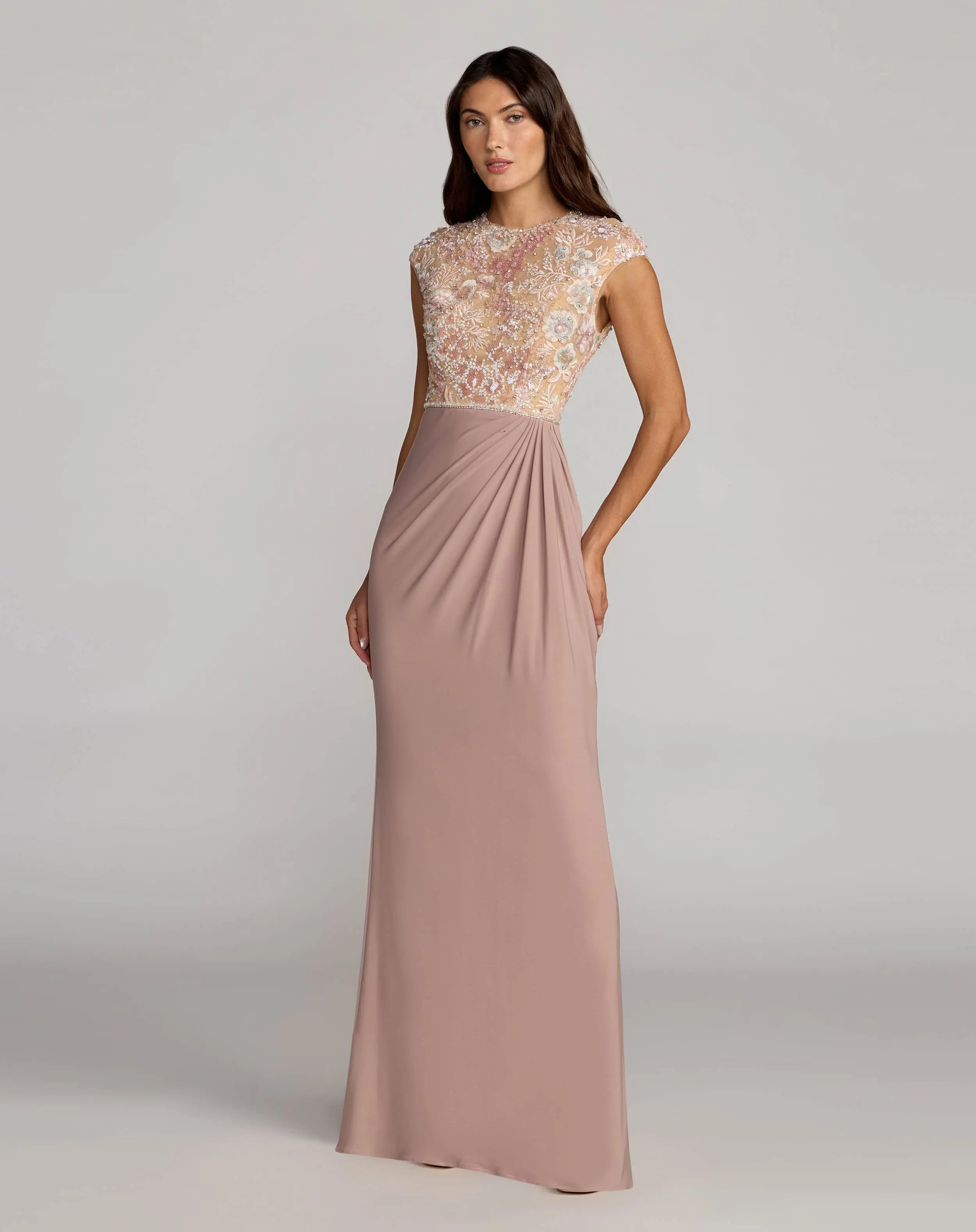 Image of Purple Floral Embroidered Cap Sleeve Column Gown