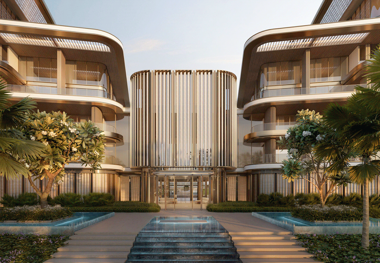 A Hero GIF featuring 5 images: 1) A modern architectural entrance with elegant landscaping. 2) A luxurious living room with stylish furnishings. 3) A group enjoying an outdoor meal by the beach. 4) An infinity pool overlooking the ocean. 5) A man in a suit greeting a dog indoors.