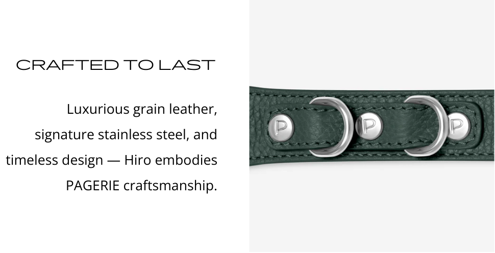 PAGERIE Hiro Bag styled cross-body with matching collar and leash, featuring leash D-rings and interior pocket.