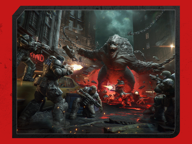 Art for Gears of War: E-Day depicting a giant Locust creature breaking free of chains as the Bravo Squad hold a defensive position in the foreground.