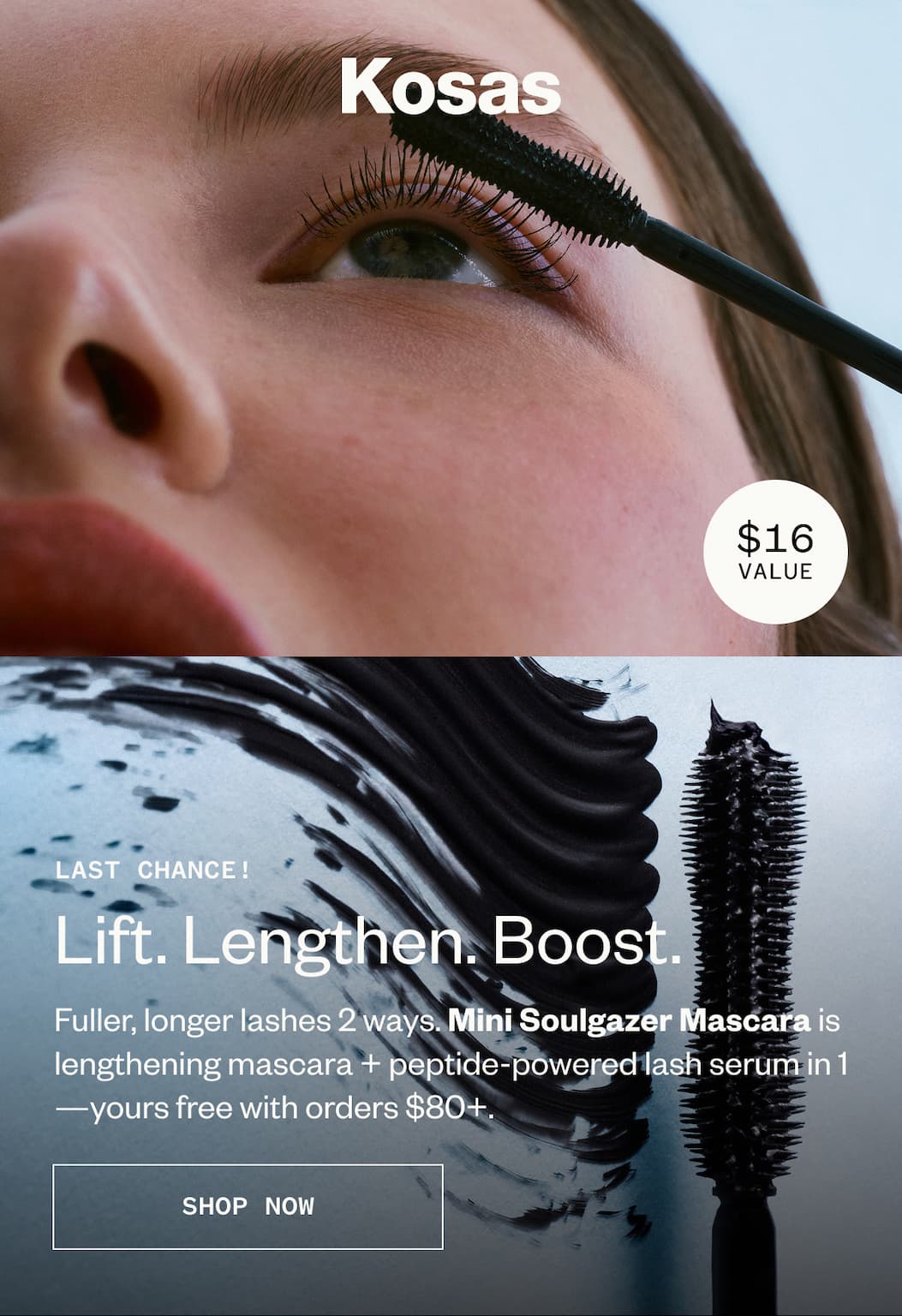 Fuller, longer lashes 2 ways. Mini Soulgazer Mascara is lengthening mascara + peptide-powered lash serum in 1—yours free with orders $80+.