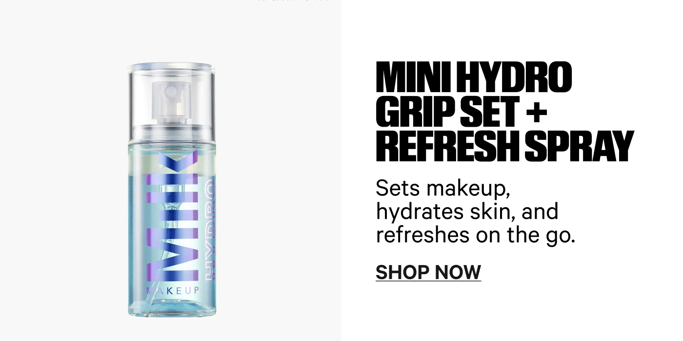 Prime: Mini Hydro Grip Primer, Mini Pore Eclipse Mattifying Primer, Set: Mini Hydro Grip Set + Refresh Spray, Mini Pore Eclipse Setting Spray, Finish: Mini Kush Mascara. Carry-on approved. Routine approved.