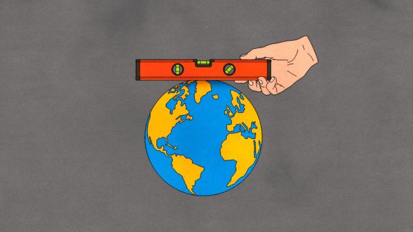 An illustration of a hand holding a level on top of the globe.