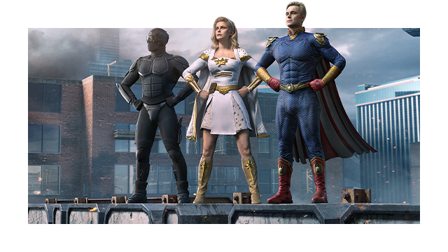 Promotional art for Season 5 of Call of Duty: Mobile depicting Black Noir, Homelander, and Starlight standing on a rooftop.