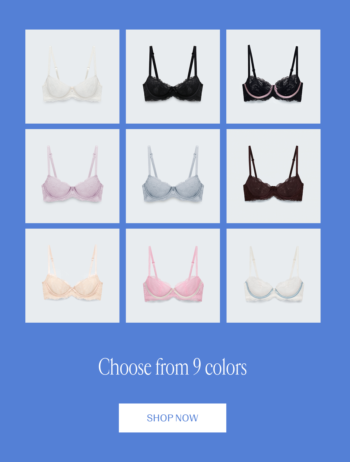 Collage of 9 different bras