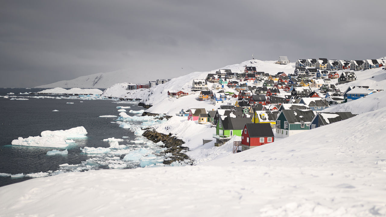 Traditional Greenlandic housing is seen from the Myggedalen viewpoint in Nuuk, Greenland.