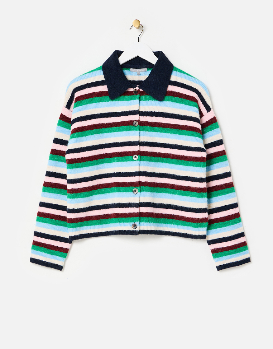Multicoloured Striped Collared Button Up Knitted Cardigan