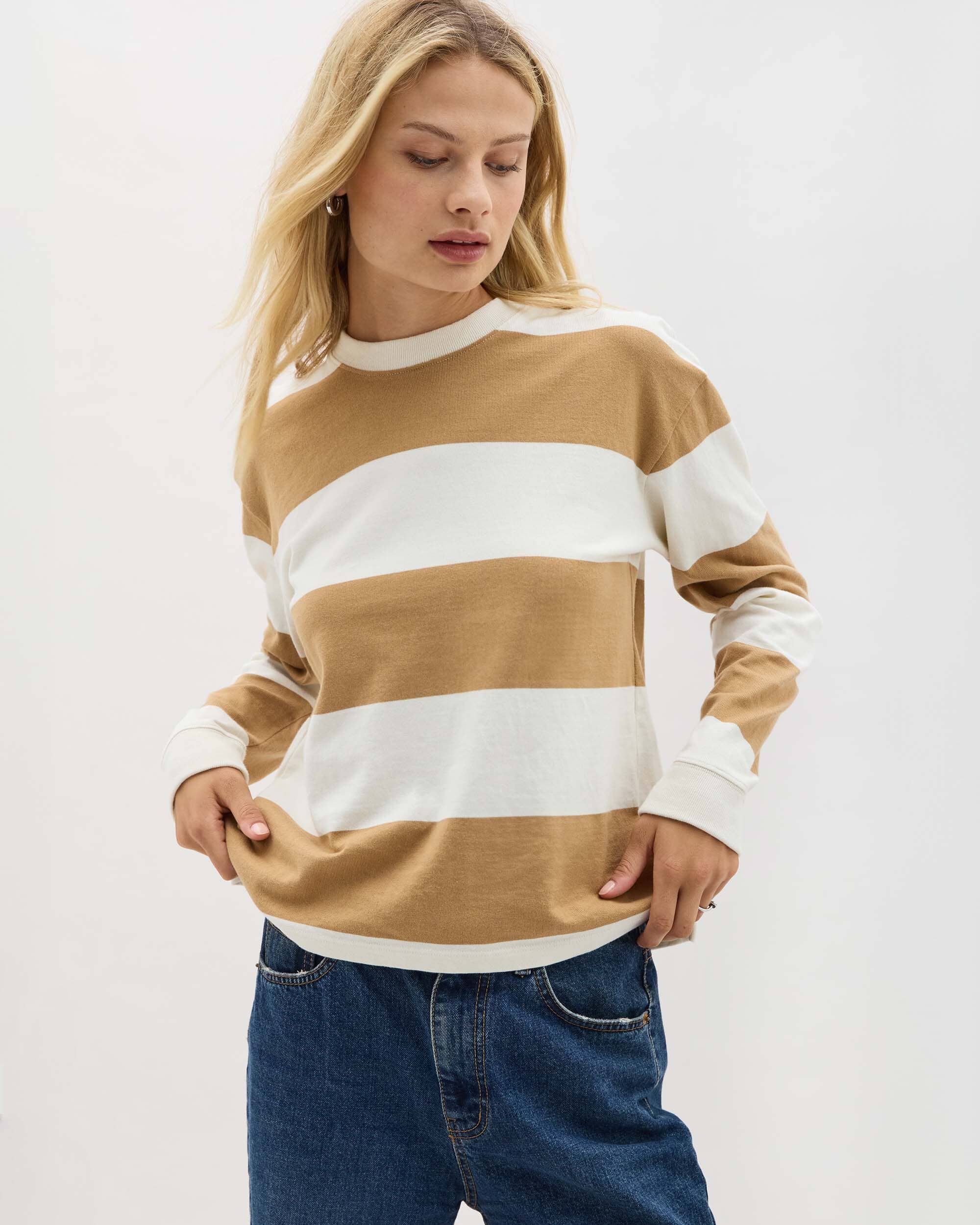Image of Womens Beefy Stripe Cotton Pullover - Pima Cotton Jersey - Khaki Stripe