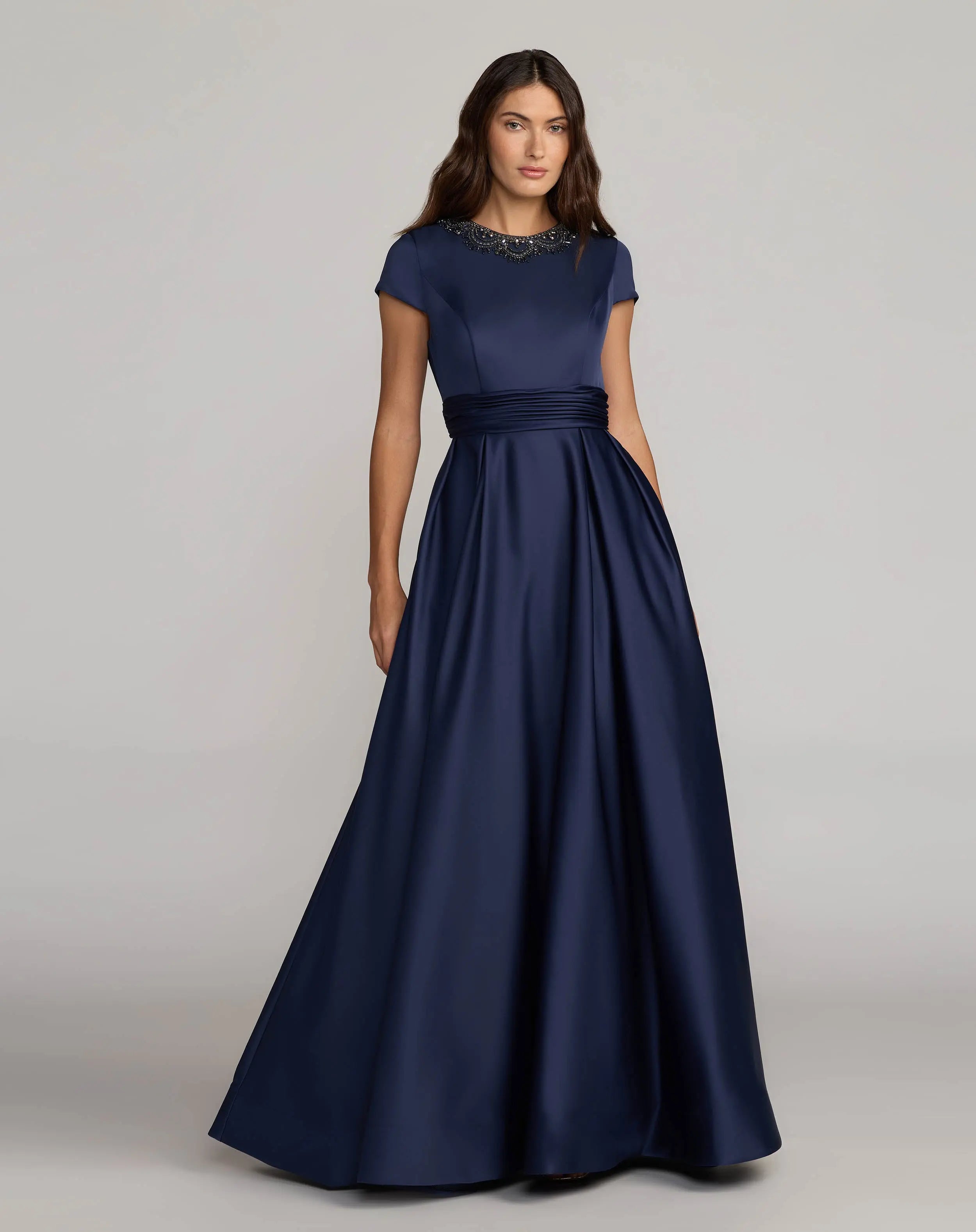 Image of Navy Embellished Satin Cap Sleeve Ball Gown