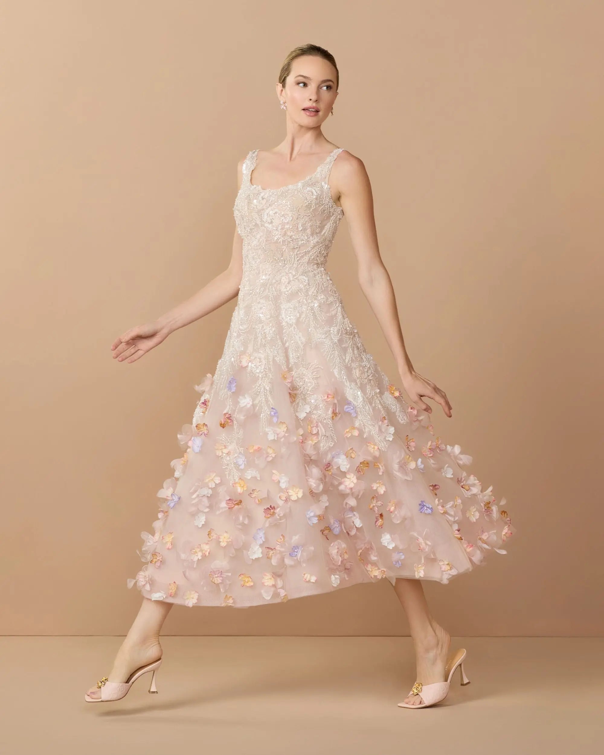 Image of Pink Sleeveless Beaded Midi Dress With 3D Flowers