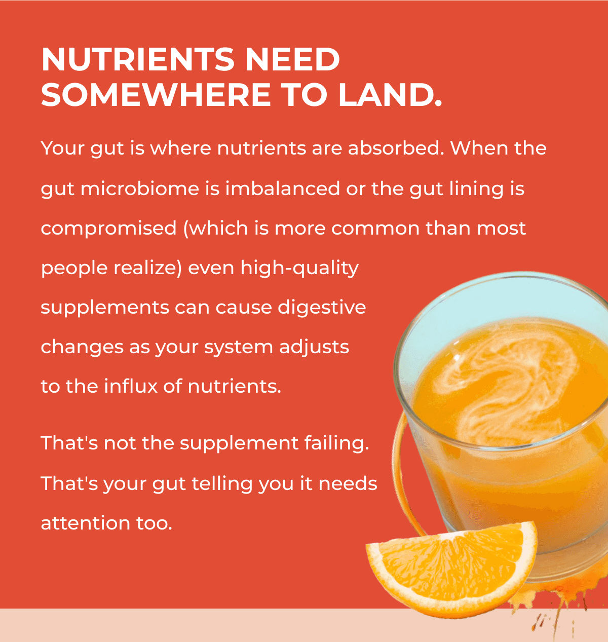NUTRIENTS NEED SOMEWHERE TO LAND. Your gut is where nutrients are absorbed. When the gut microbiome is imbalanced or the gut lining is compromised (which is more common than most people realize) even high-quality  supplements can cause digestive  changes as your system adjusts  to the influx of nutrients. That's not the supplement failing. That's your gut telling you it needs attention too.