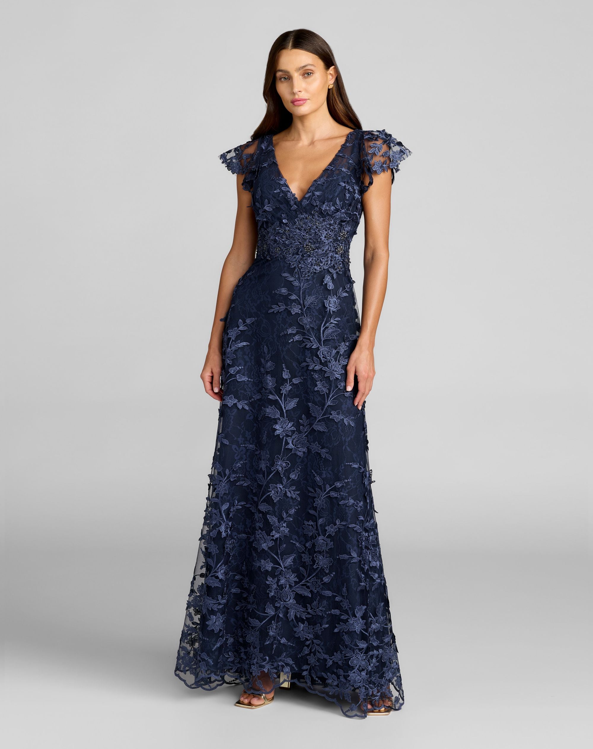 Image of Navy Embroidered Applique Wrap Over Flutter Sleeve Gown