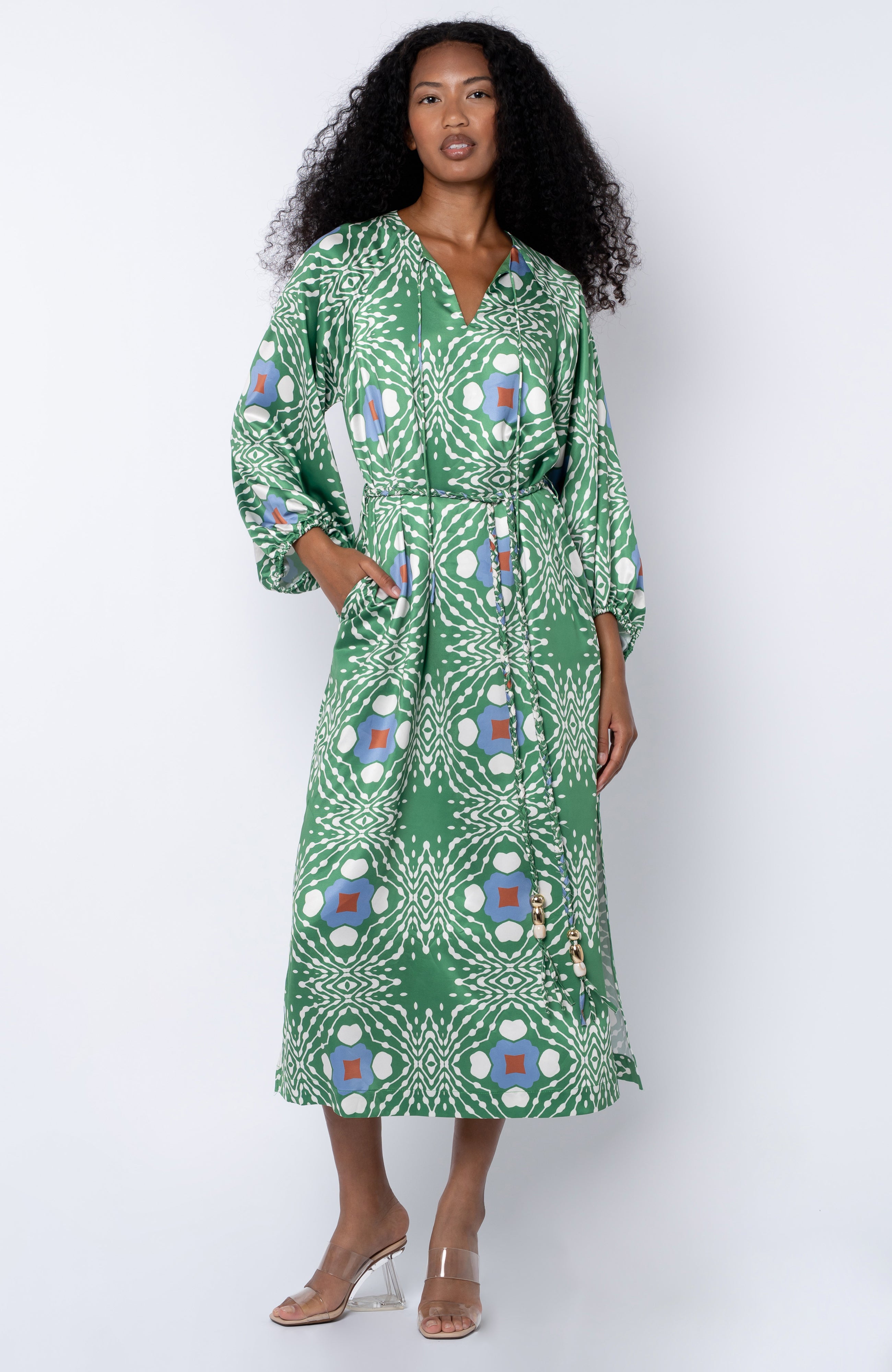 Image of Jardin Abstract Print Long Sleeve Satin Dress