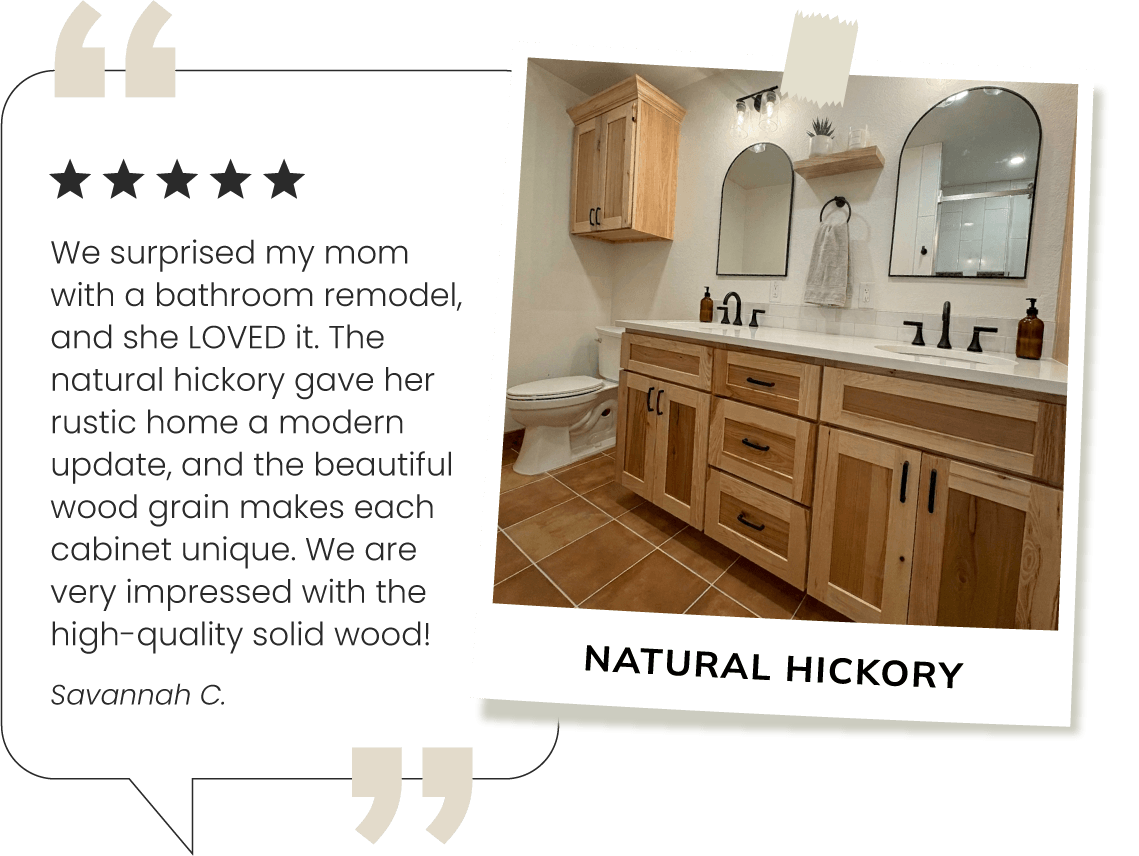 Bathroom with hickory cabinets and round mirrors.