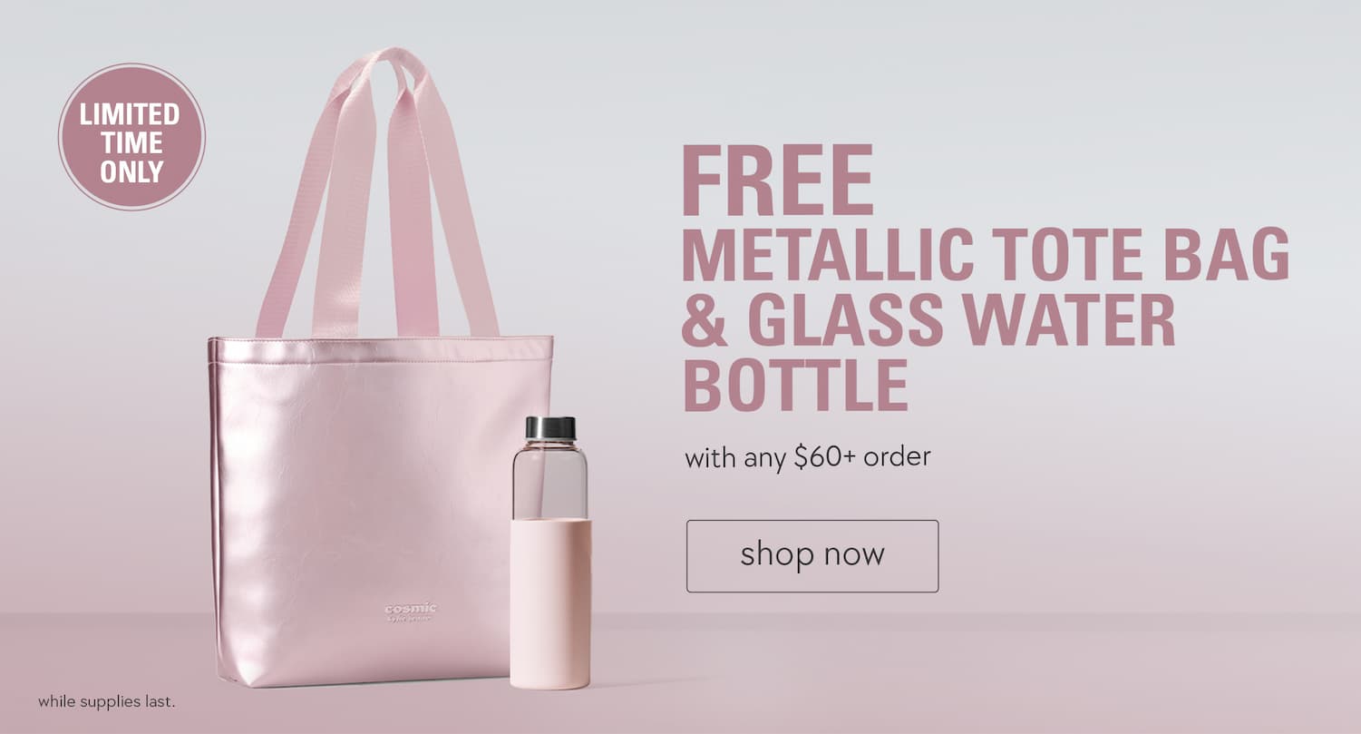 free metallic tote bag & glass water bottle