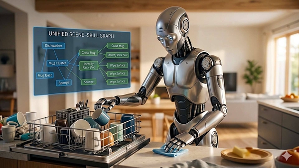 robot cleans counter and washes dishes, with 
