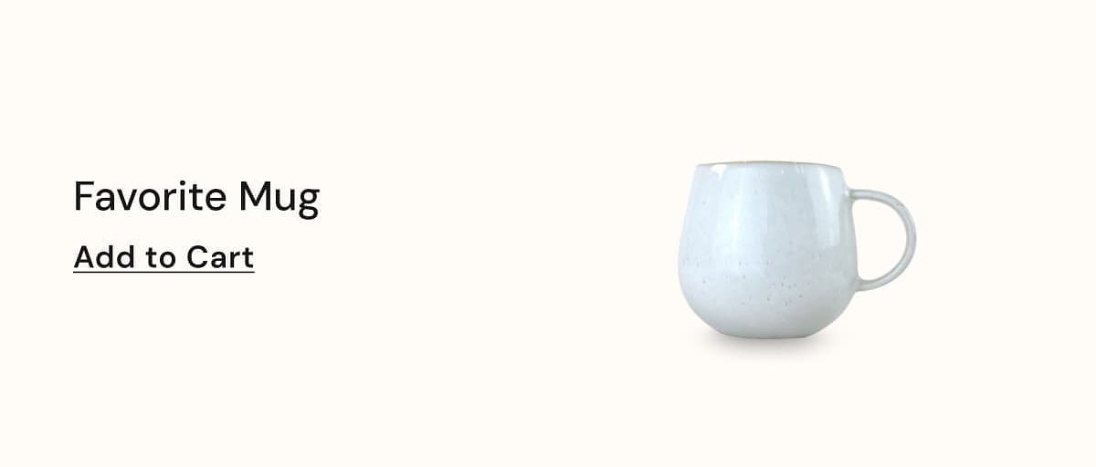 Ceramic mug with a rounded shape and handle, next to text for adding to cart.