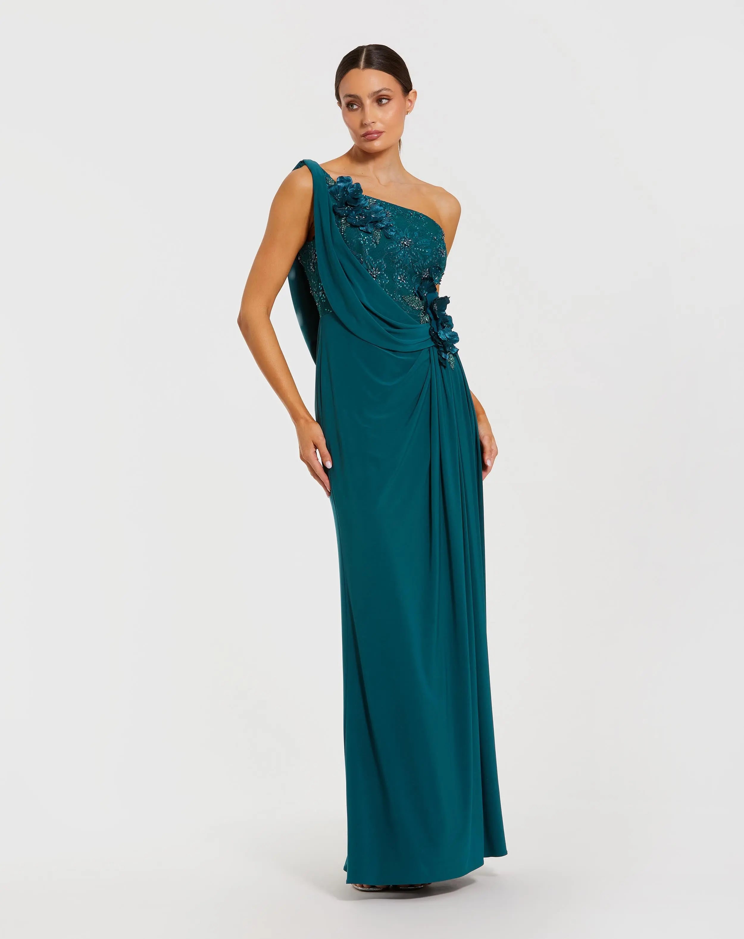 Image of Teal One Shoulder Draped Jersey Gown With 3D Flowers