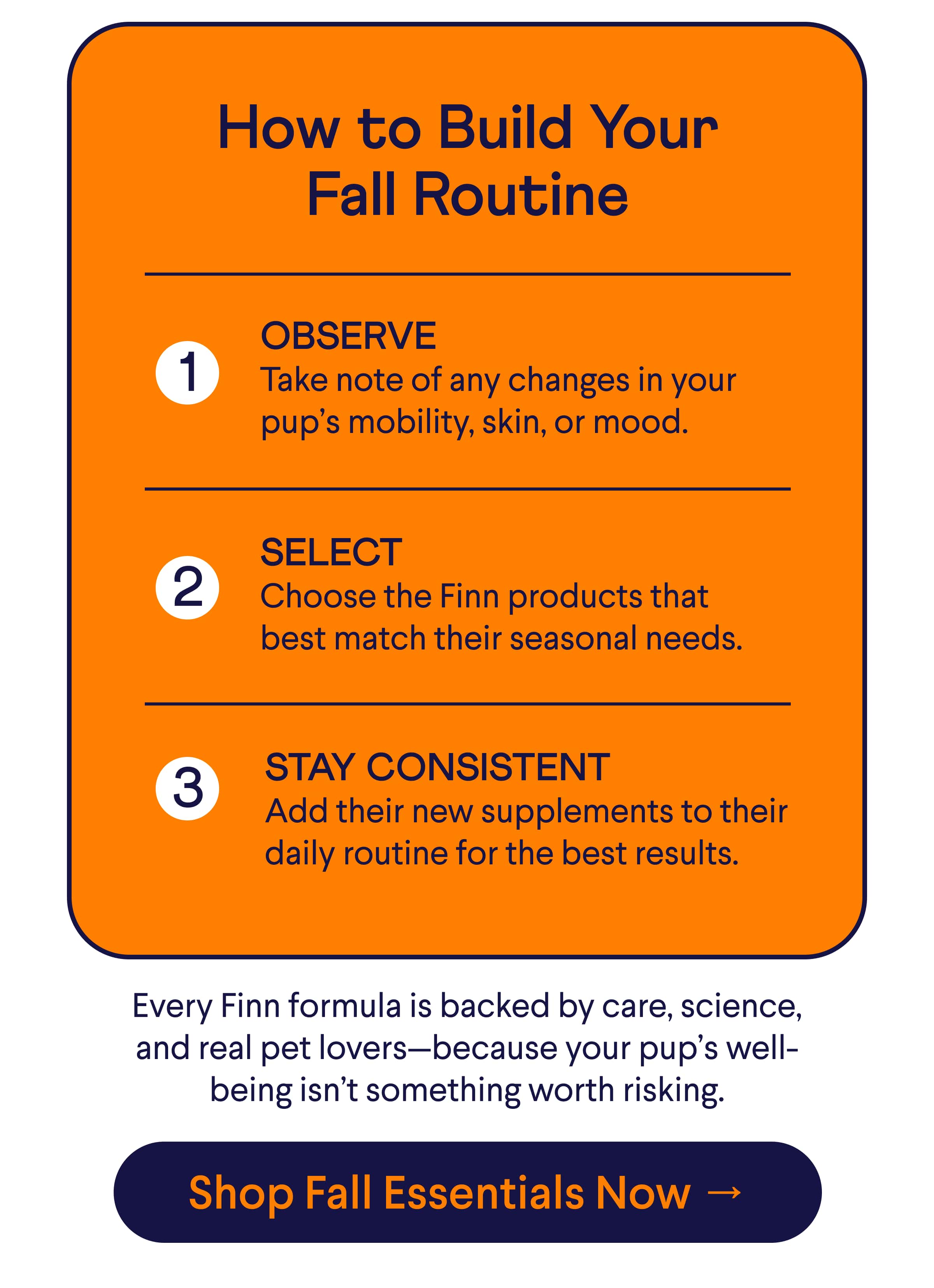 Text: How to Build Your Fall Routine 1. OBSERVE Take note of any changes in your pup’s mobility, skin, or mood. 2. SELECT Choose the Finn products that best match their seasonal needs. 3. STAY CONSISTENT Add their new supplements to their daily routine for the best results. Every Finn formula is backed by care, science, and real pet lovers—because your pup’s well-being isn’t something worth risking. CTA: Shop Fall Essentials Now →