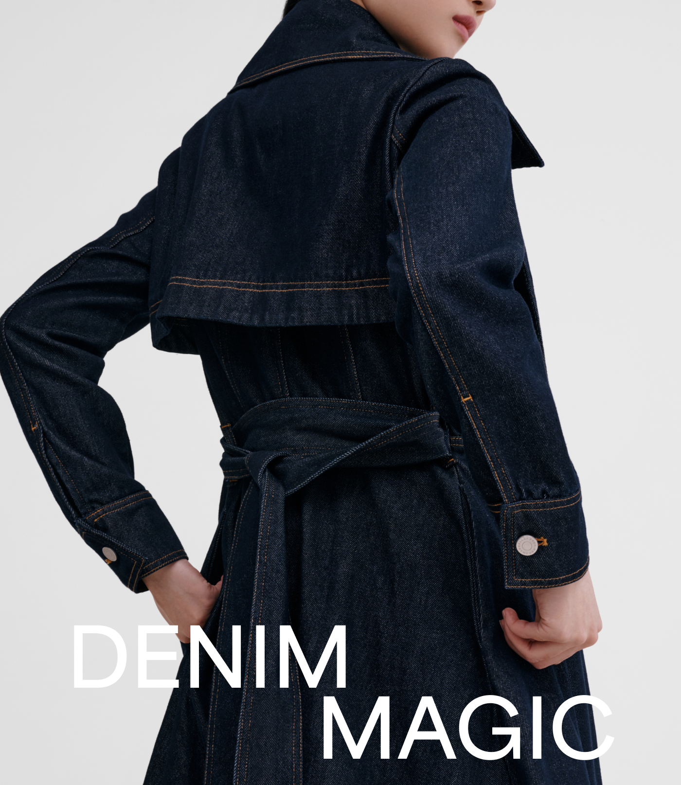 Xun in The Riverside Trench with the headline “DENIM MAGIC.”