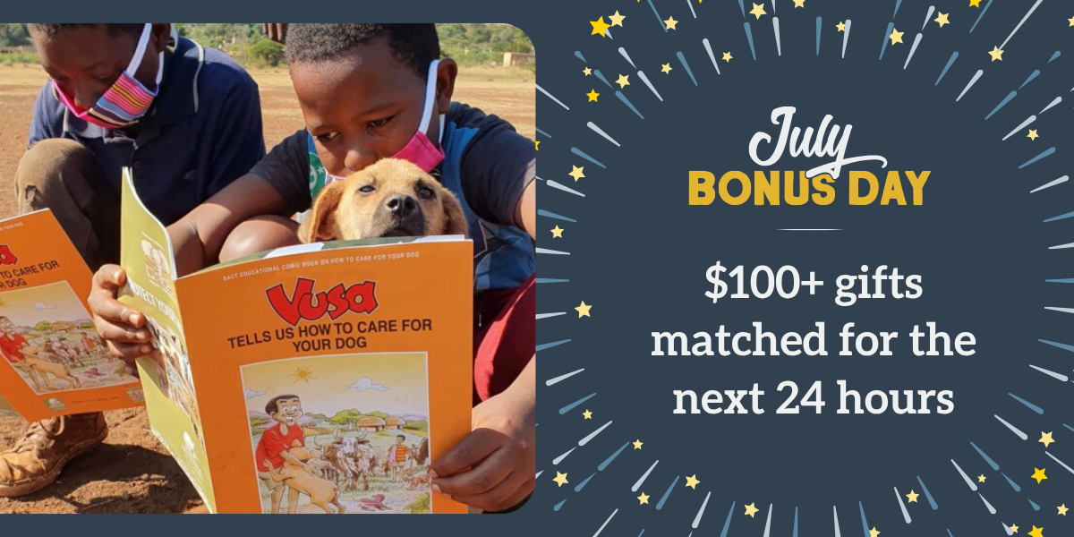 A white and yellow sunburst design with small stars fans out in a circle around text reading “July Bonus Day: $100+ gifts matched for the next 24 hours; an inset photo features two children in face masks reading dog care books outdoors as a puppy peeks over one of the books toward the camera.