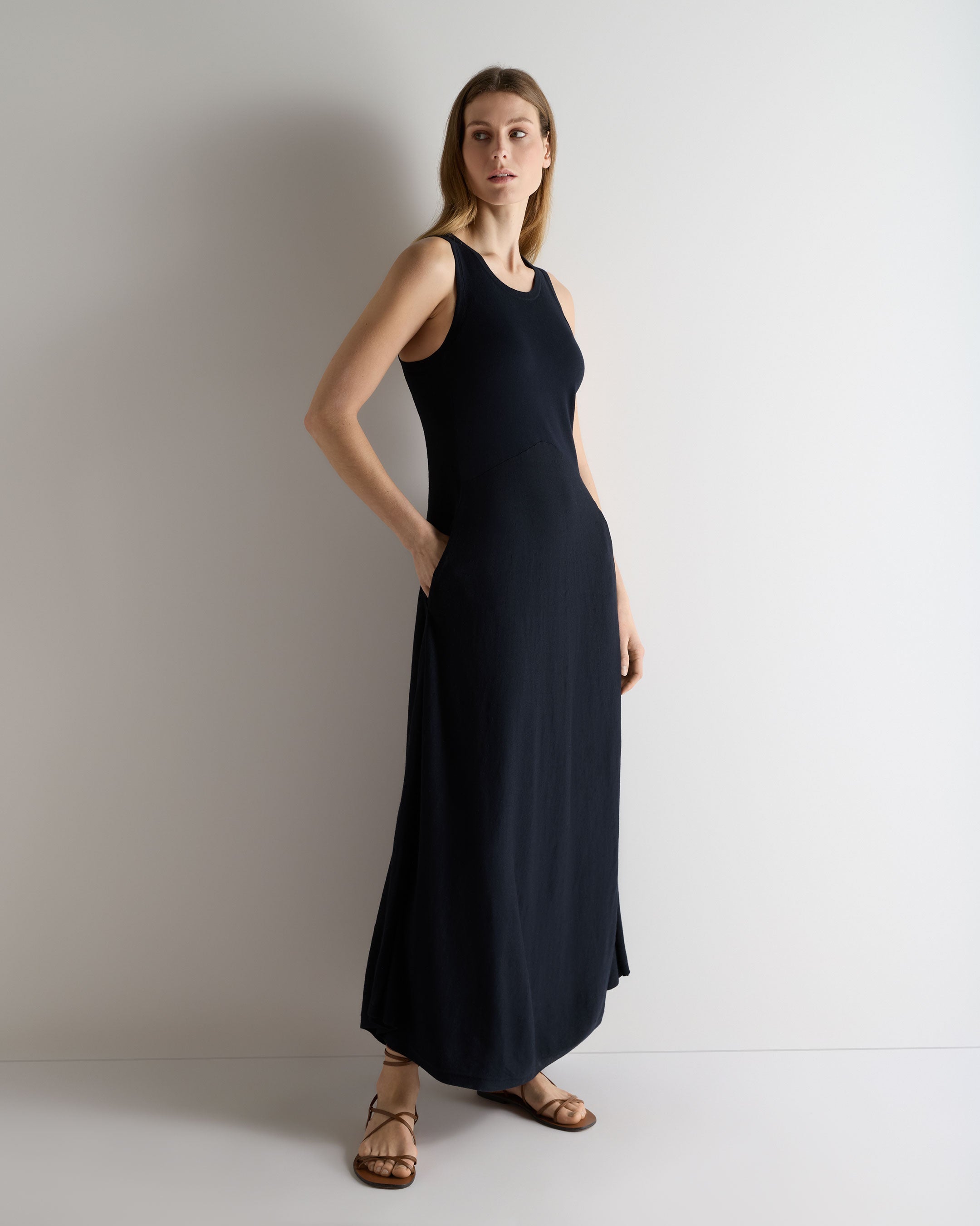 Image of Women's Sleeveless Cotton Blend Maxi Dress Navy Blue