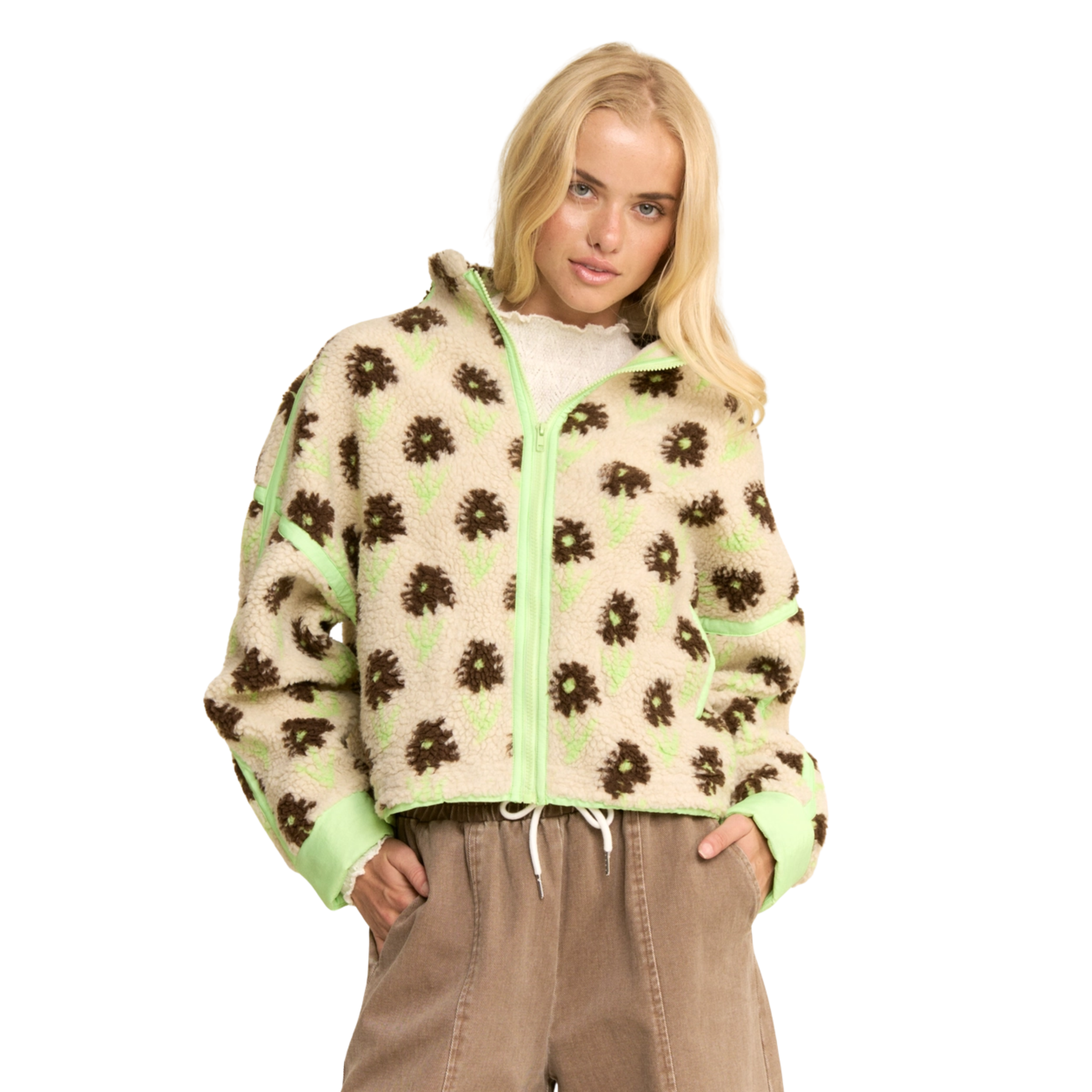 Image of Faux Teddy Fur Flower Contrast Binding Jacket