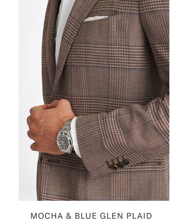 Mocha and Blue Glen Plaid Stretch Wool and Linen Jacket