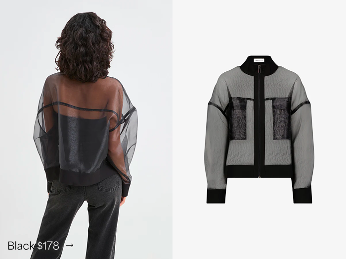 Rear and flat-lay views of The Clyde Sheer Jacket with front pockets and black trim labeled “Black $178.”