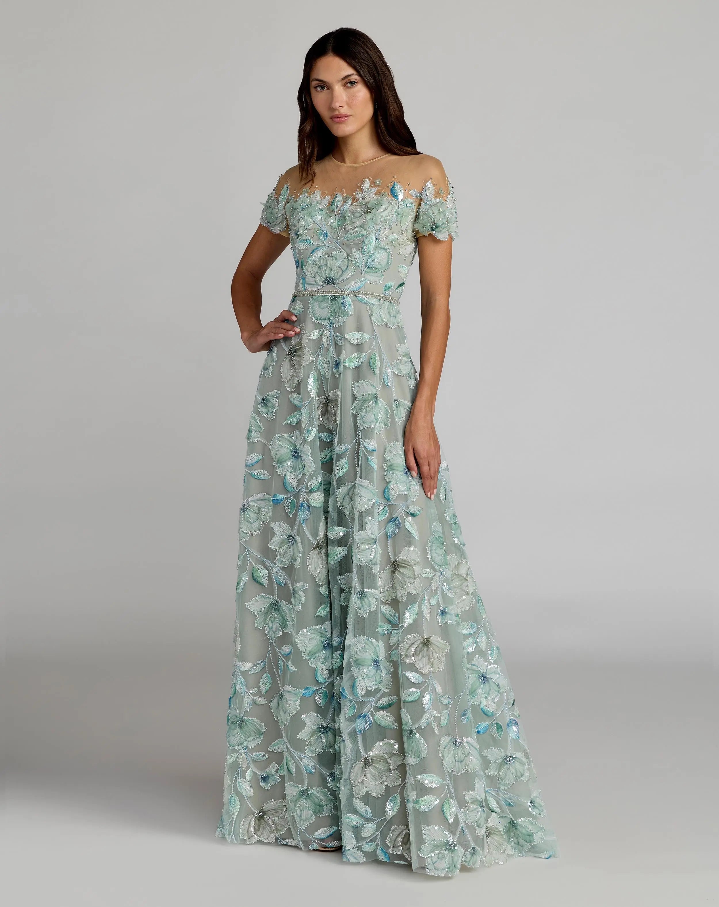 Image of Green High Neck Cap Sleeve Embellished A-Line Gown