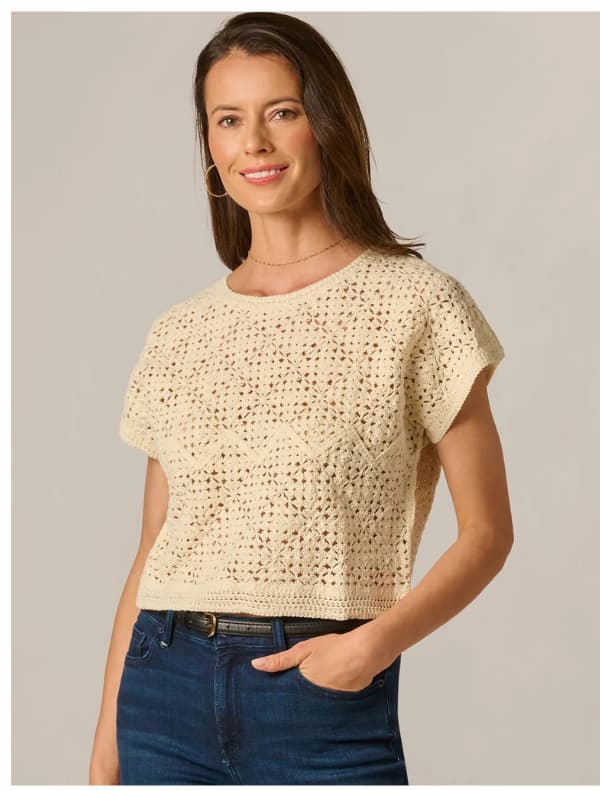 Short Sleeve Open Crochet Top In Cream