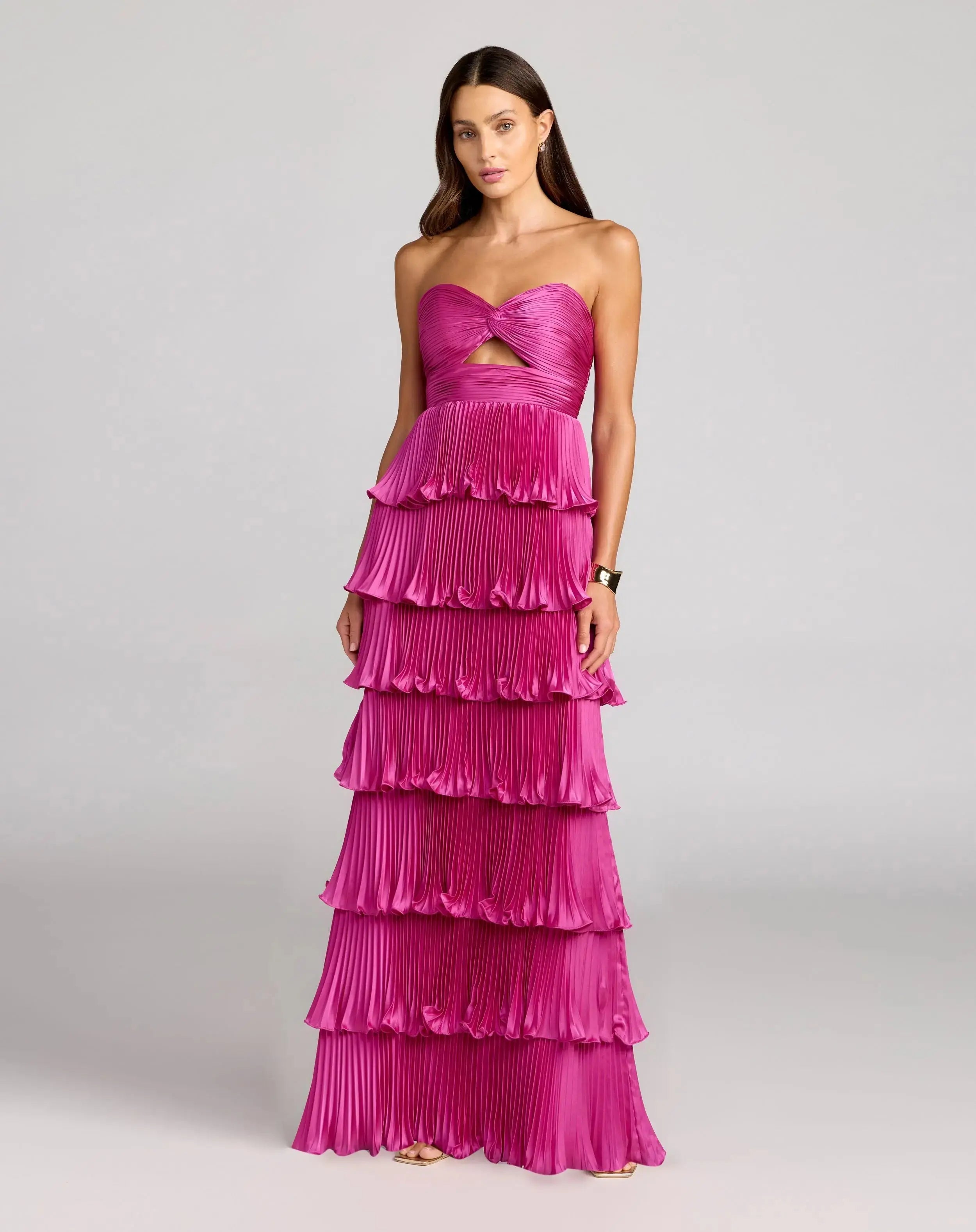 Image of Petite Pink Pleated Charmeuse Strapless Tiered Ruffle Gown