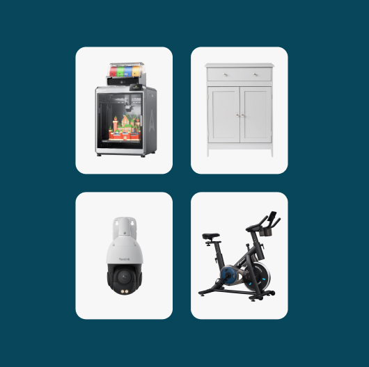 A Bambu 3D Printer, a stationary exercise bike, a white cabinet, and a Hikvision security camera sit on white tiles against a navy background.