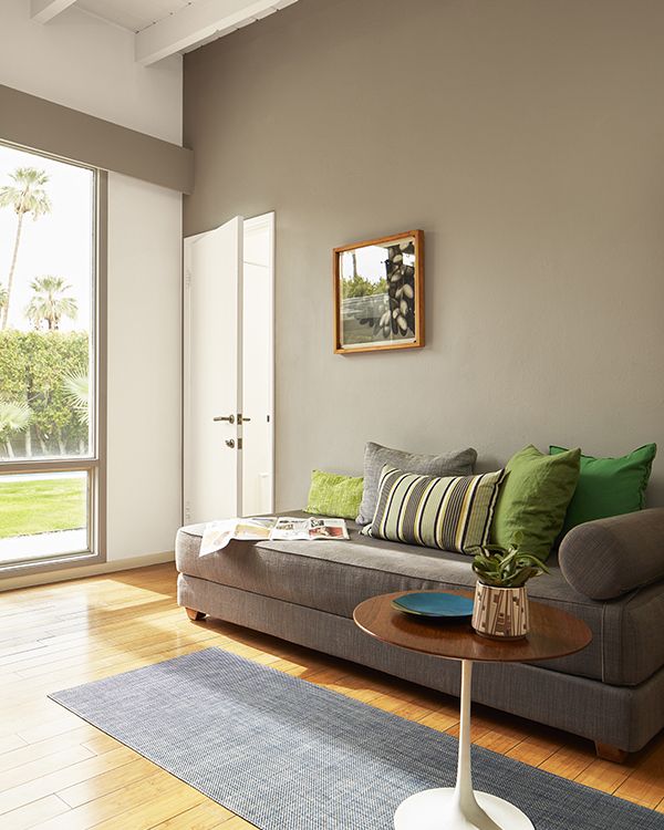 A sunlit living room with a taupe-painted accent wall, white wood beamed vaulted ceiling, a white door and modern style furnishings.