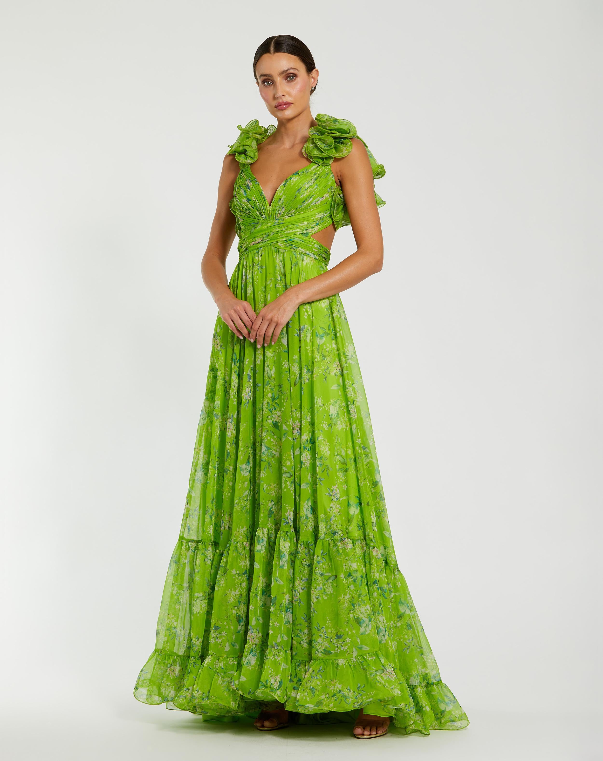 Image of Green Ruffle Tiered Floral Cut-Out Chiffon Gown