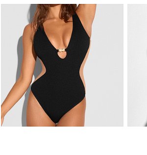 Black one-piece swimsuit with a deep V-neck and cut-out sides, featuring a decorative gold clasp.