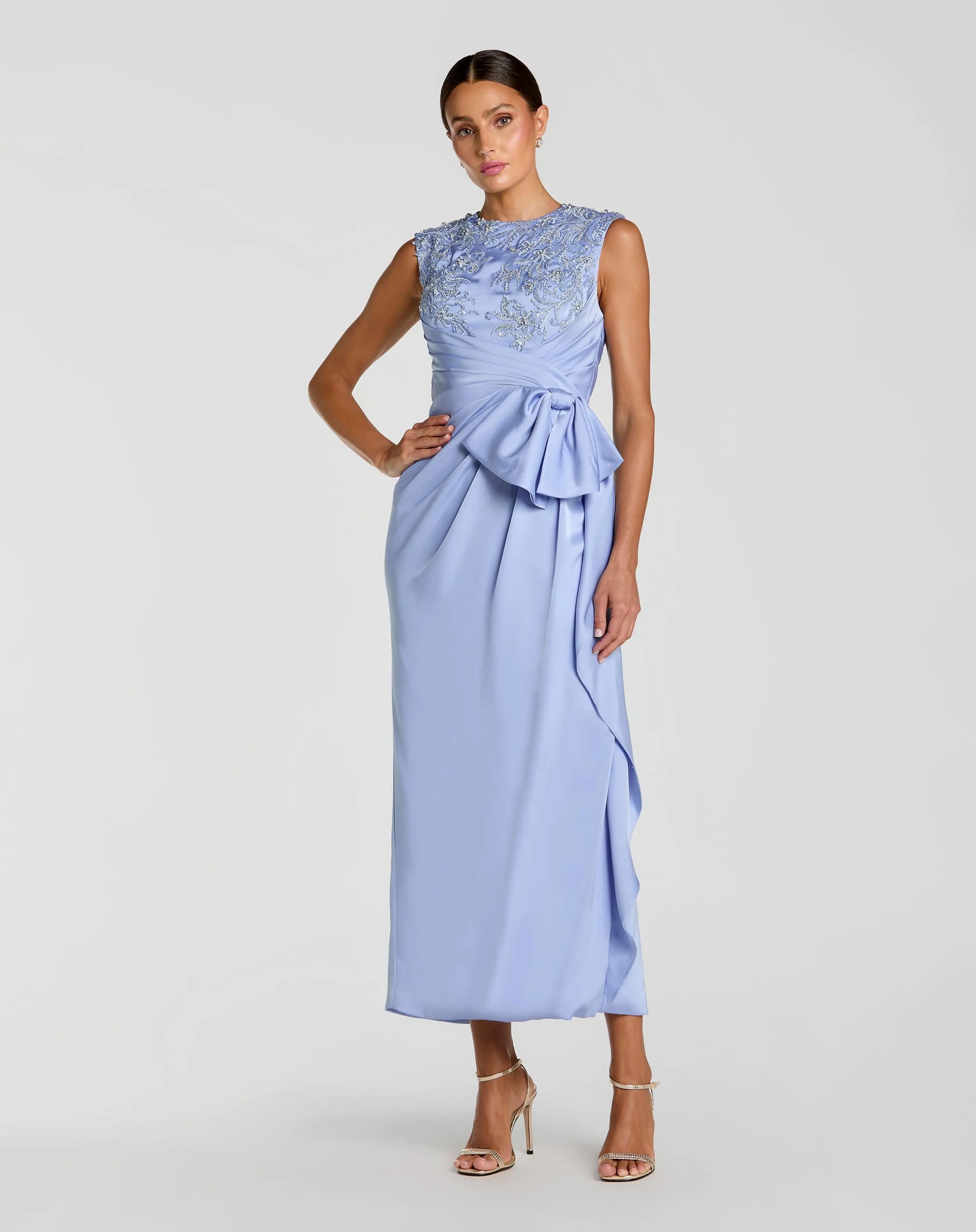 Image of Blue Beaded Satin Midi Dress with Bow
