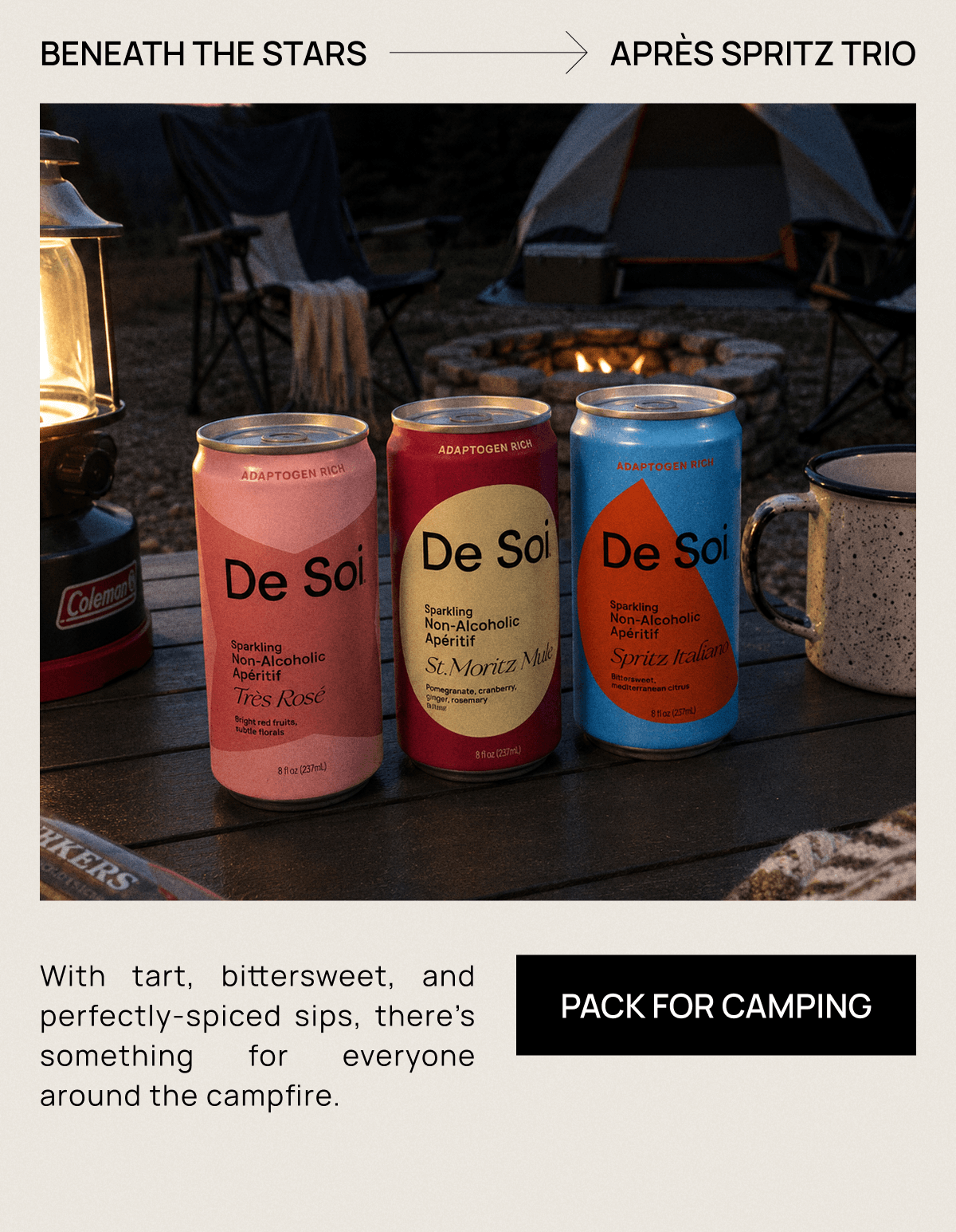 Beneath the Stars | Après Spritz Trio | With tart, bittersweet, and perfectly-spiced sips, there’s something for everyone around the campfire. | Pack For Camping