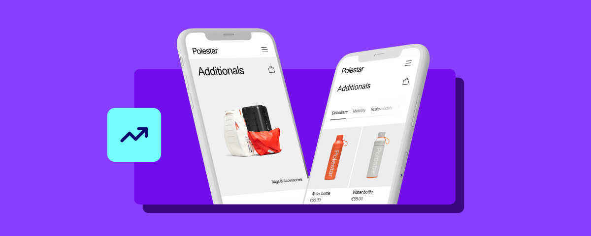 Two smartphones displaying the Polestar Additionals store featuring accessories and drinkware against a vibrant purple background with a light blue growth arrow icon.