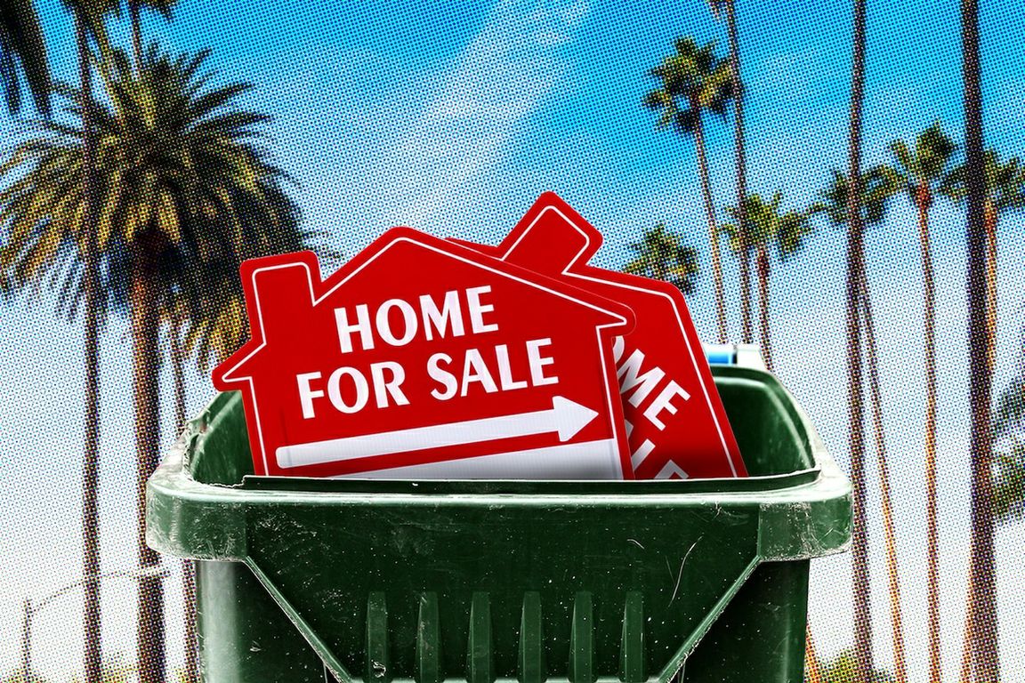 A graphic shows red "Home for Sale" signs discarded in a green trash bin, with palm trees and a blue sky in the background.
