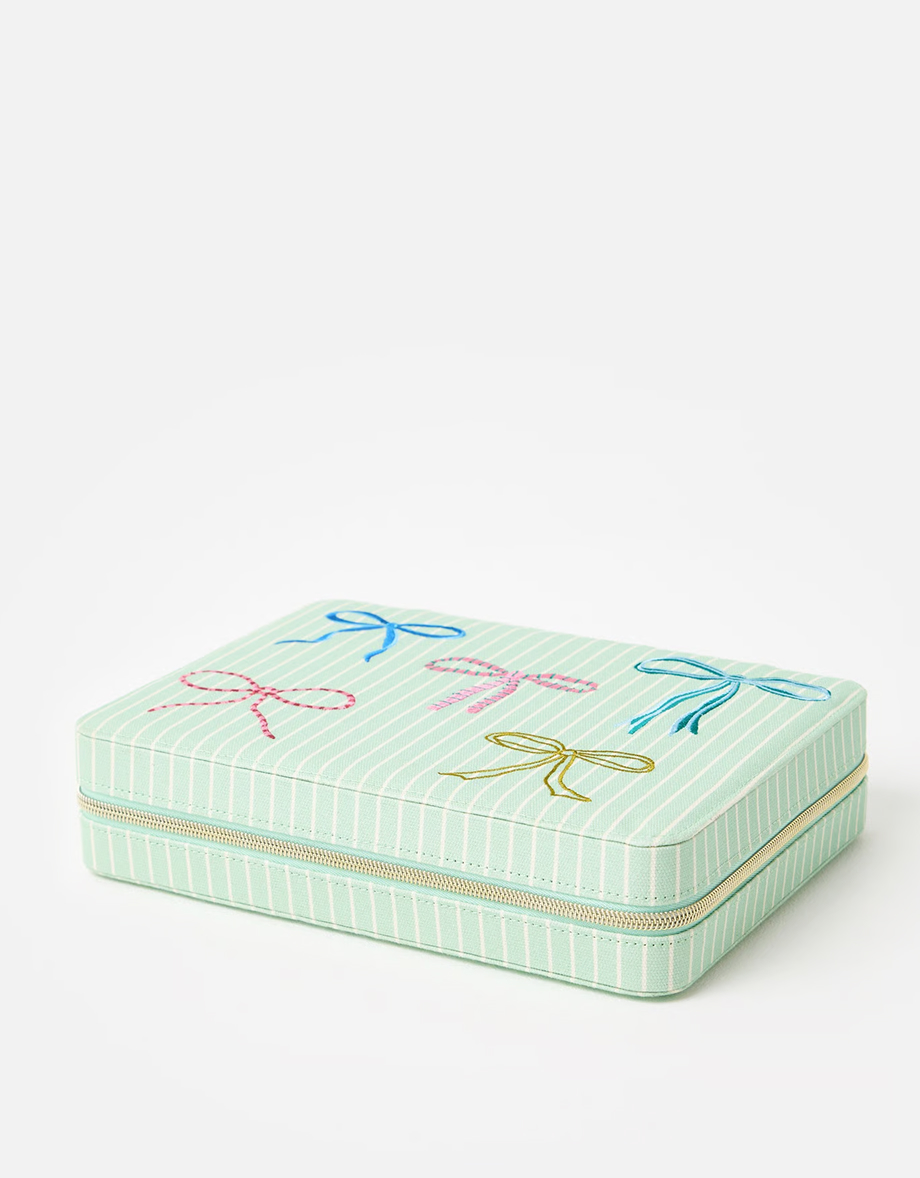 Blue Striped Bow Large Fabric Jewellery Box