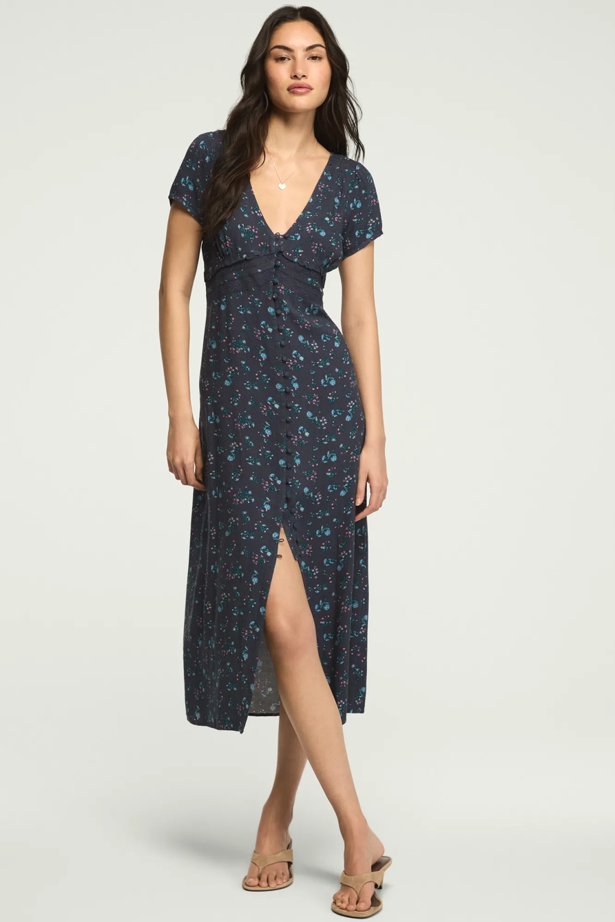 Image of Lucky Brand Lace Trim Simone Midi Dress - Women's Clothing Dresses Shirt Midi Dress in Navy Floral